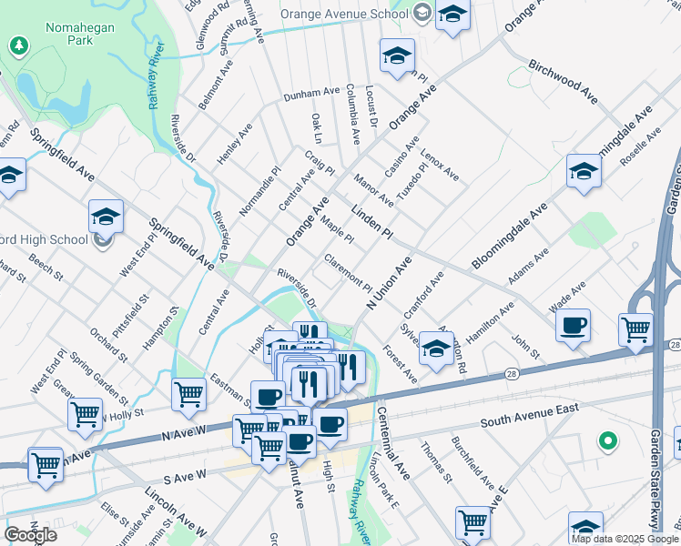 map of restaurants, bars, coffee shops, grocery stores, and more near 217 Prospect Avenue in Cranford
