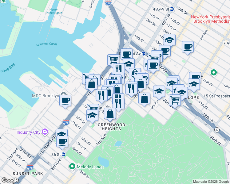map of restaurants, bars, coffee shops, grocery stores, and more near 723 4th Avenue in Brooklyn