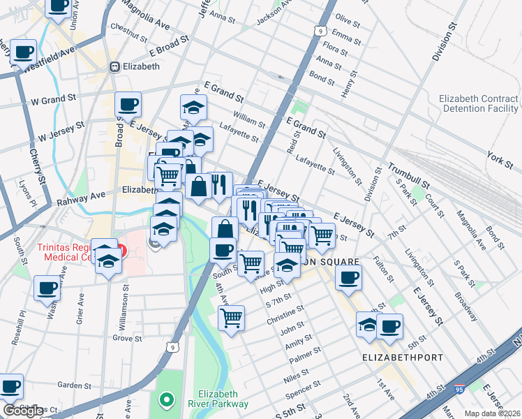 map of restaurants, bars, coffee shops, grocery stores, and more near 943 Elizabeth Avenue in Elizabeth