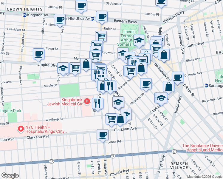 map of restaurants, bars, coffee shops, grocery stores, and more near 914 Rutland Road in Brooklyn