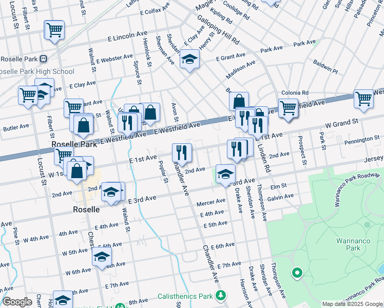 map of restaurants, bars, coffee shops, grocery stores, and more near 420 East 1st Avenue in Roselle