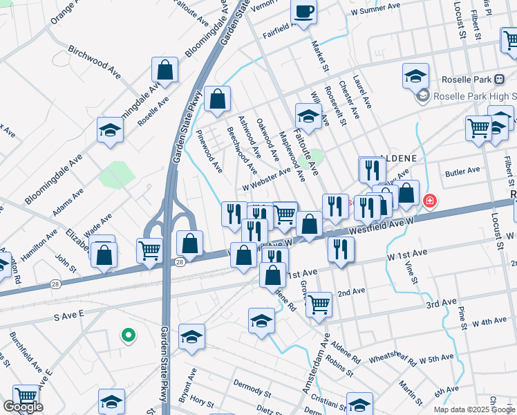 map of restaurants, bars, coffee shops, grocery stores, and more near 147 Jerome Street in Roselle Park