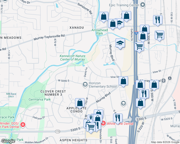 map of restaurants, bars, coffee shops, grocery stores, and more near 5095 Glendon Street West in Murray