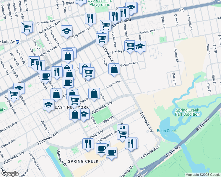map of restaurants, bars, coffee shops, grocery stores, and more near 750 Milford Street in Brooklyn