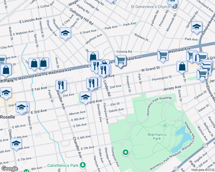 map of restaurants, bars, coffee shops, grocery stores, and more near 556 East 2nd Avenue in Roselle