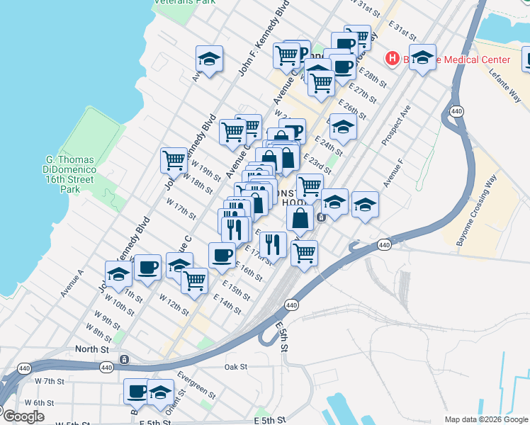 map of restaurants, bars, coffee shops, grocery stores, and more near 24 East 19th Street in Bayonne