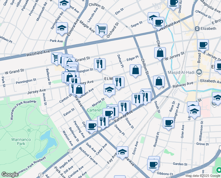map of restaurants, bars, coffee shops, grocery stores, and more near 69 Grove Street in Elizabeth