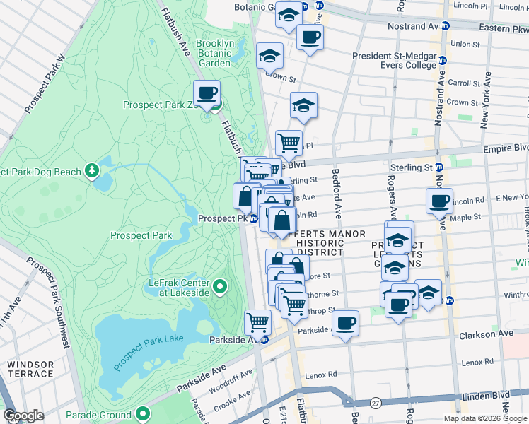 map of restaurants, bars, coffee shops, grocery stores, and more near 528 Flatbush Avenue in Brooklyn