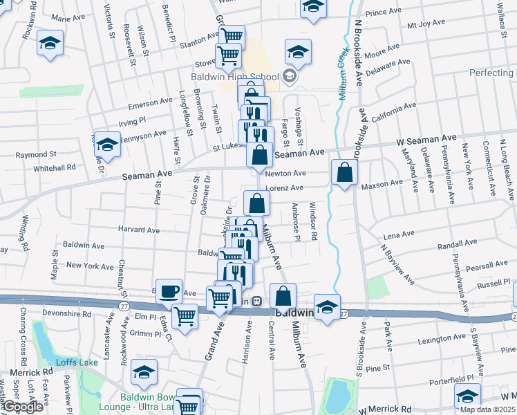 map of restaurants, bars, coffee shops, grocery stores, and more near 2005 Grand Ave in Baldwin