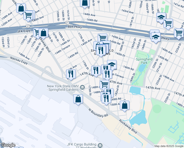 map of restaurants, bars, coffee shops, grocery stores, and more near 146-38 176th Street in Queens