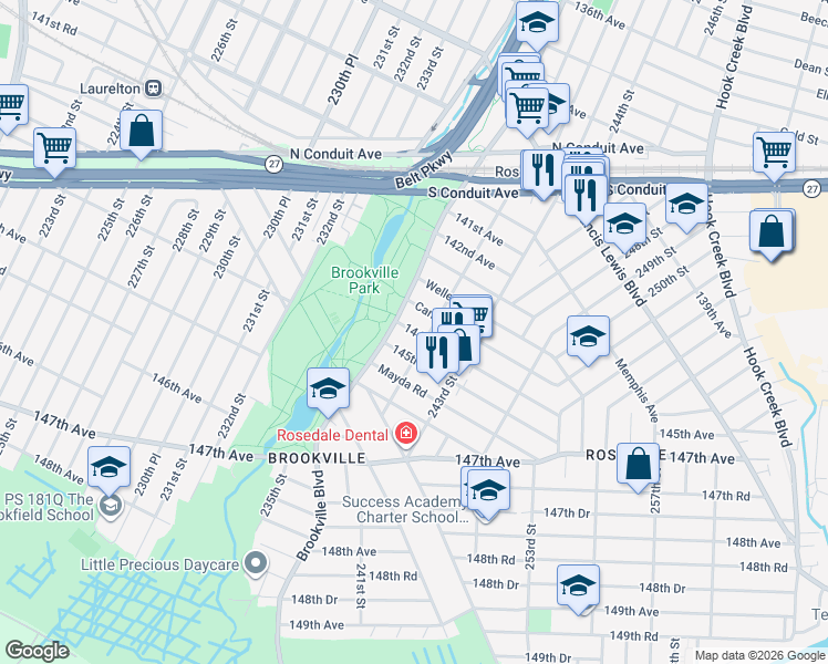 map of restaurants, bars, coffee shops, grocery stores, and more near 240-26 145th Avenue in Queens