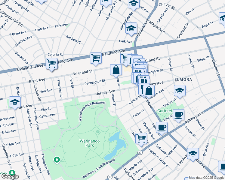 map of restaurants, bars, coffee shops, grocery stores, and more near 821 Jersey Avenue in Elizabeth