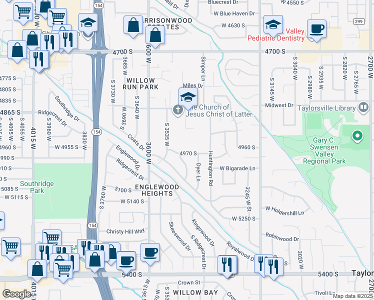 map of restaurants, bars, coffee shops, grocery stores, and more near 5007 Brimley Way in Salt Lake City