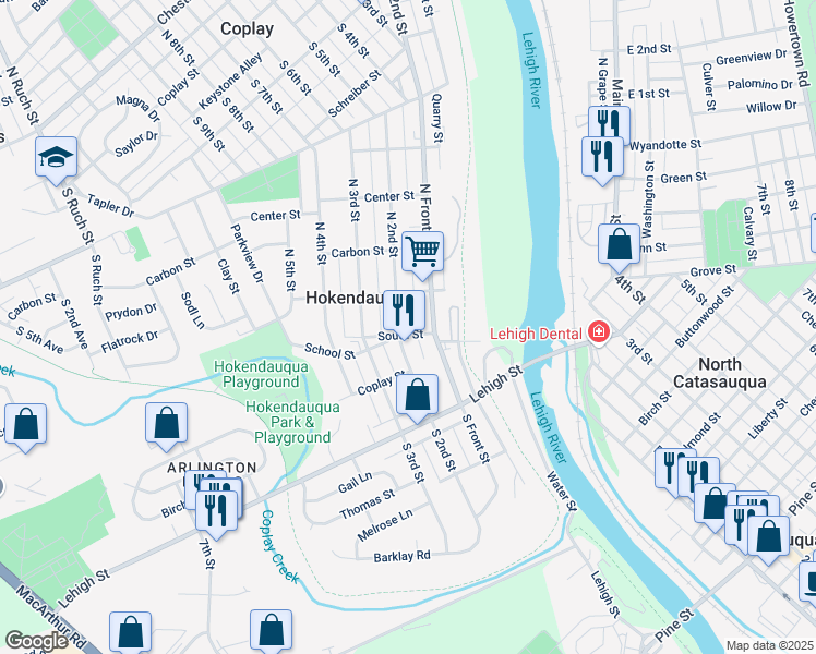 map of restaurants, bars, coffee shops, grocery stores, and more near 3012 South 2nd Street in Hokendauqua