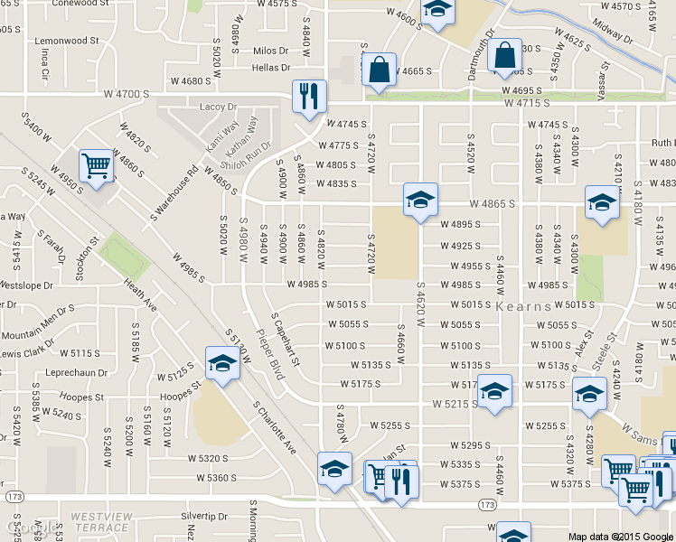 map of restaurants, bars, coffee shops, grocery stores, and more near 4785 West 4955 South in Salt Lake City