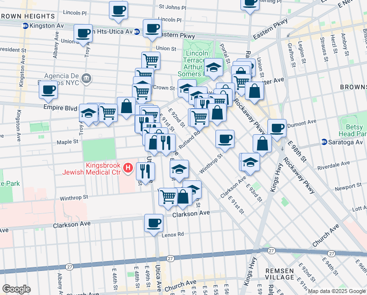 map of restaurants, bars, coffee shops, grocery stores, and more near 140 Remsen Avenue in Brooklyn