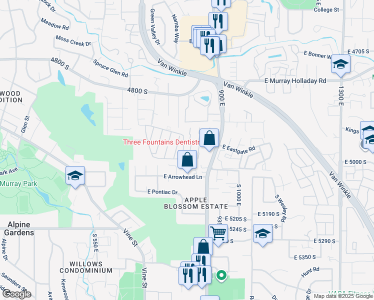 map of restaurants, bars, coffee shops, grocery stores, and more near 832 East Three Fountains Drive in Murray