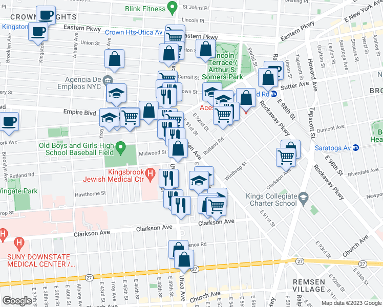 map of restaurants, bars, coffee shops, grocery stores, and more near 66 East 51st Street in Brooklyn