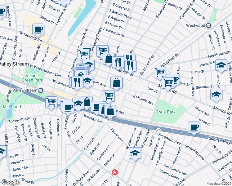 map of restaurants, bars, coffee shops, grocery stores, and more near 100 East Valley Stream Boulevard in Valley Stream