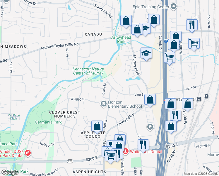 map of restaurants, bars, coffee shops, grocery stores, and more near 5095 Glendon Street West in Murray