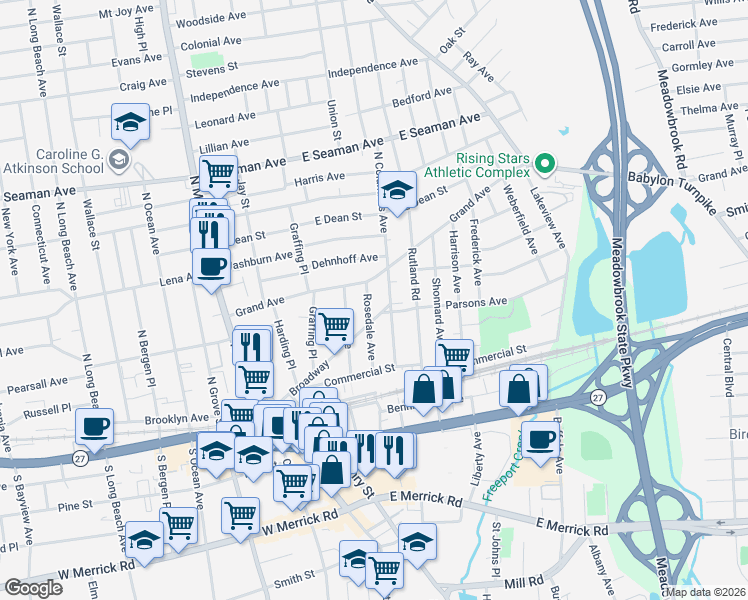 map of restaurants, bars, coffee shops, grocery stores, and more near 115 Broadway in Freeport