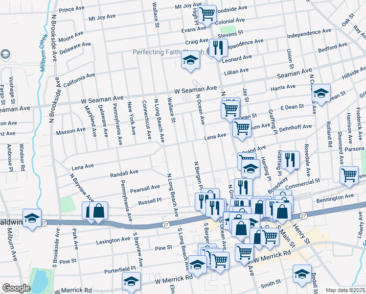 map of restaurants, bars, coffee shops, grocery stores, and more near 92 Wallace Street in Freeport