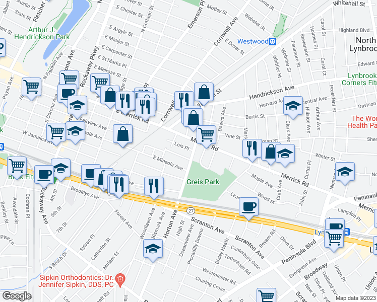 map of restaurants, bars, coffee shops, grocery stores, and more near 40 Cleveland Street in Valley Stream