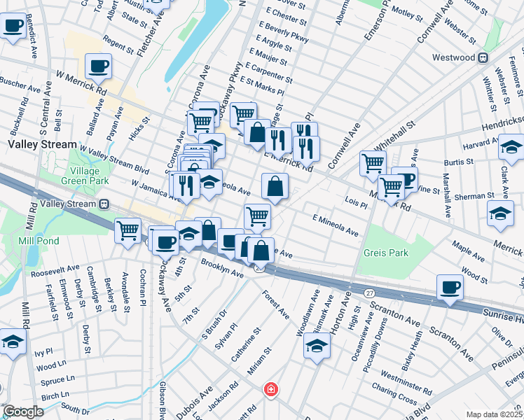 map of restaurants, bars, coffee shops, grocery stores, and more near 100 East Valley Stream Boulevard in Valley Stream