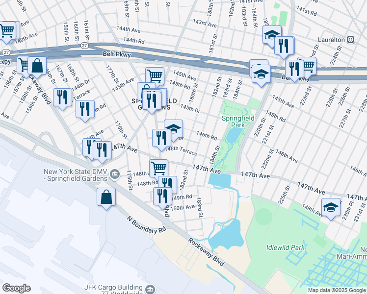 map of restaurants, bars, coffee shops, grocery stores, and more near 146-81 181st Street in Queens