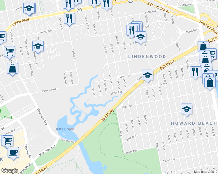 map of restaurants, bars, coffee shops, grocery stores, and more near 15649 Amber Street in Queens