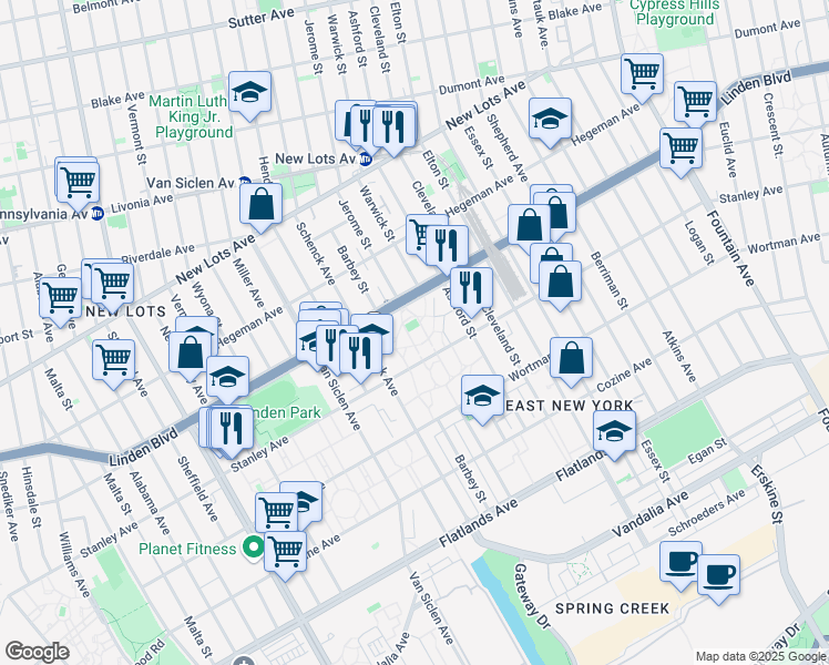 map of restaurants, bars, coffee shops, grocery stores, and more near 817 Schenck Avenue in Brooklyn
