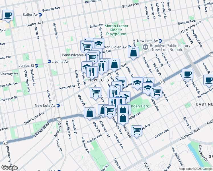 map of restaurants, bars, coffee shops, grocery stores, and more near 701 Granville Payne Avenue in Brooklyn