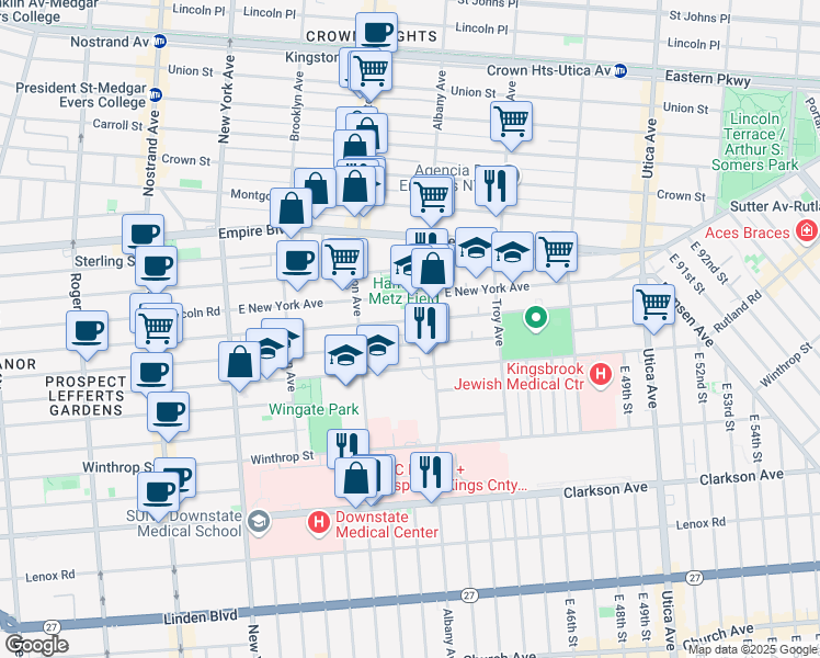 map of restaurants, bars, coffee shops, grocery stores, and more near 596 Midwood Street in Brooklyn