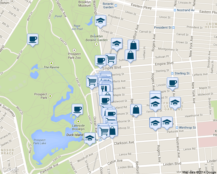 map of restaurants, bars, coffee shops, grocery stores, and more near 553 Flatbush Avenue in Brooklyn