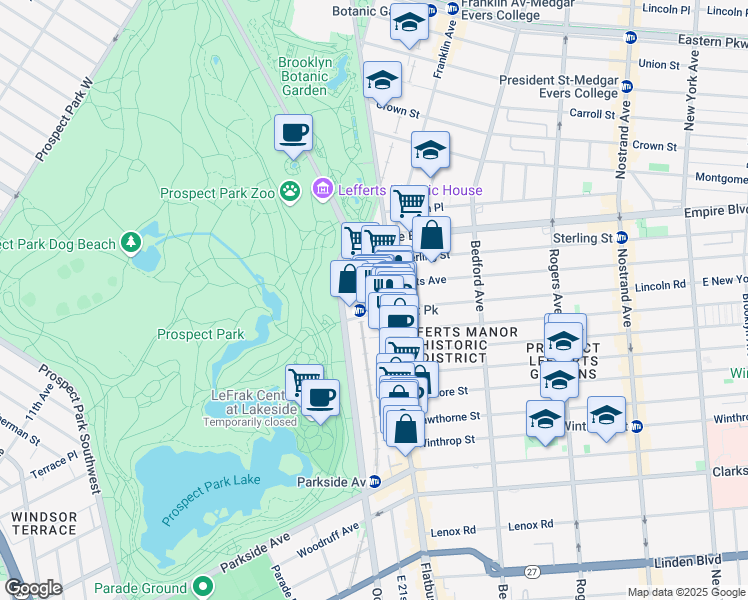 map of restaurants, bars, coffee shops, grocery stores, and more near 115 Ocean Avenue in Brooklyn