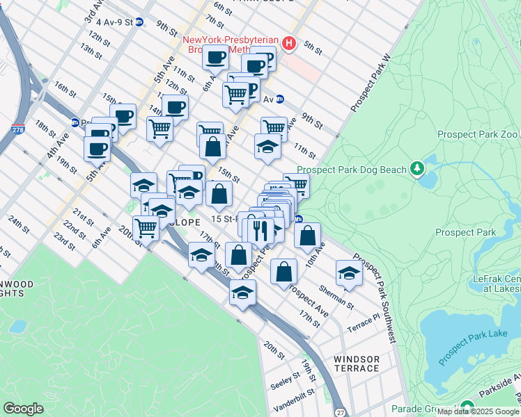 map of restaurants, bars, coffee shops, grocery stores, and more near 107 Windsor Place in Brooklyn
