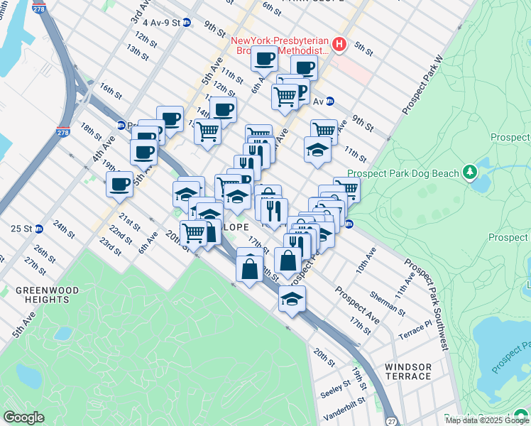 map of restaurants, bars, coffee shops, grocery stores, and more near 411A Prospect Avenue in Brooklyn