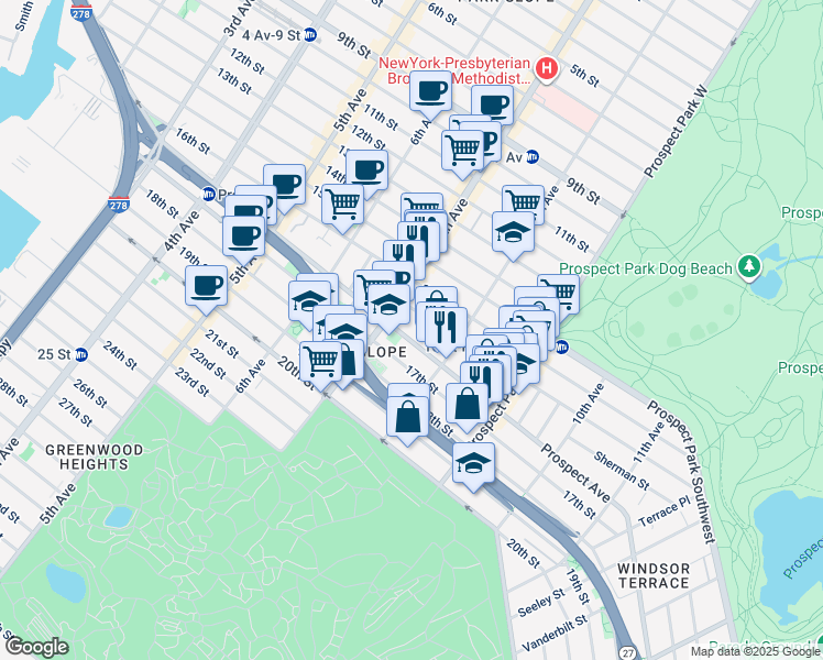 map of restaurants, bars, coffee shops, grocery stores, and more near 411A Prospect Avenue in Brooklyn
