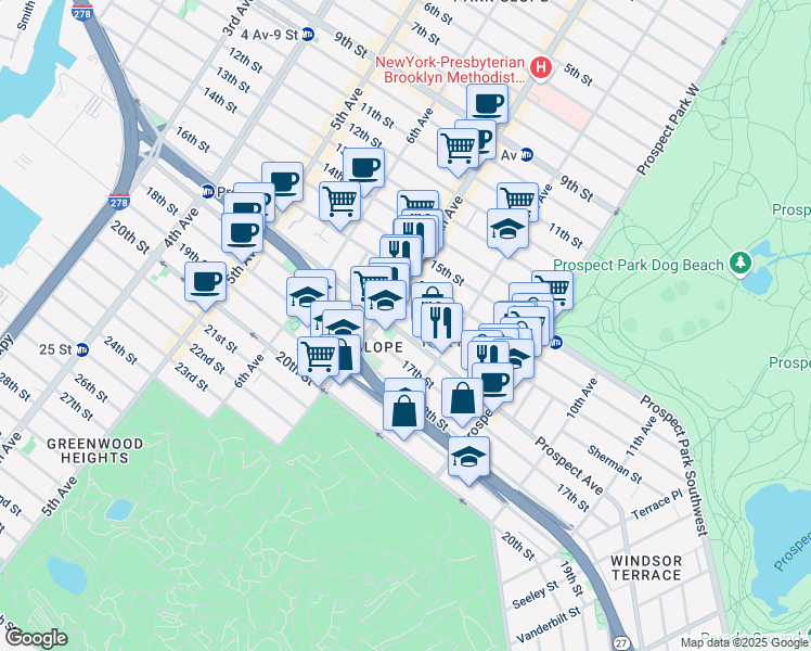 map of restaurants, bars, coffee shops, grocery stores, and more near 411A Prospect Avenue in Brooklyn