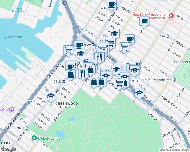 map of restaurants, bars, coffee shops, grocery stores, and more near 283 21st Street in Brooklyn