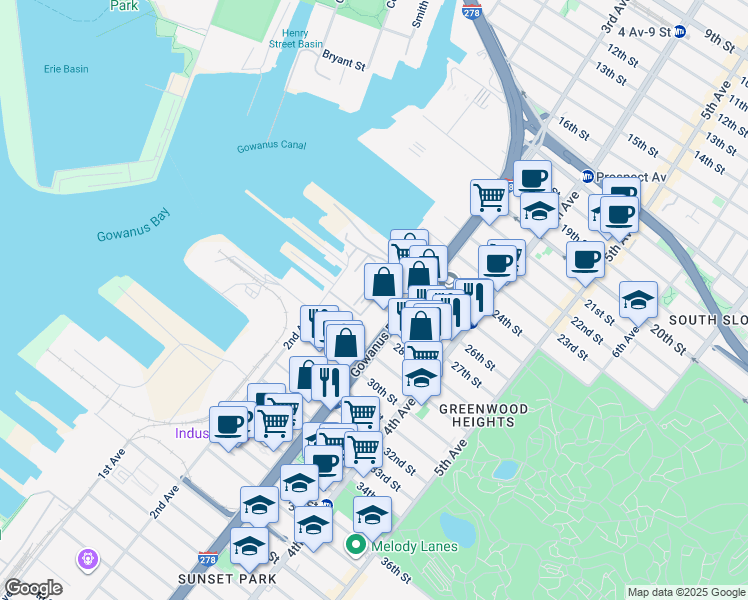 map of restaurants, bars, coffee shops, grocery stores, and more near 95 29th Street in Brooklyn