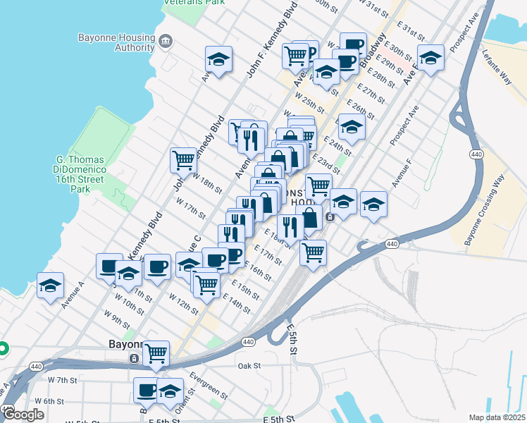 map of restaurants, bars, coffee shops, grocery stores, and more near 394 Broadway in Bayonne