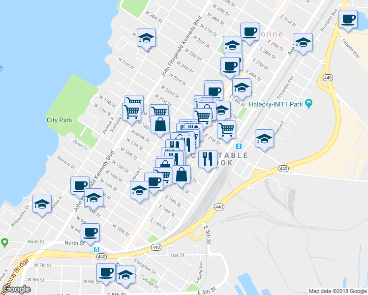 map of restaurants, bars, coffee shops, grocery stores, and more near 394 Broadway in Bayonne