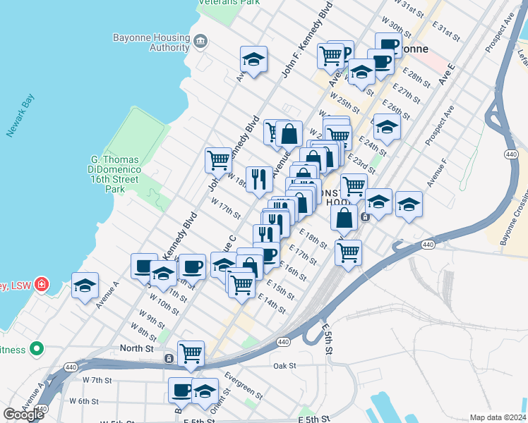 map of restaurants, bars, coffee shops, grocery stores, and more near 24 Andrew Street in Bayonne