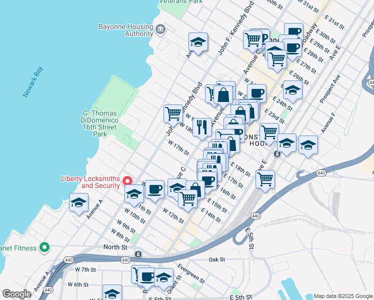 map of restaurants, bars, coffee shops, grocery stores, and more near 392 Avenue C in Bayonne