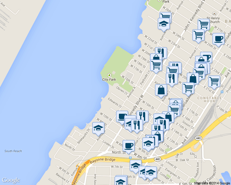 map of restaurants, bars, coffee shops, grocery stores, and more near 31 Edwards Court in Bayonne
