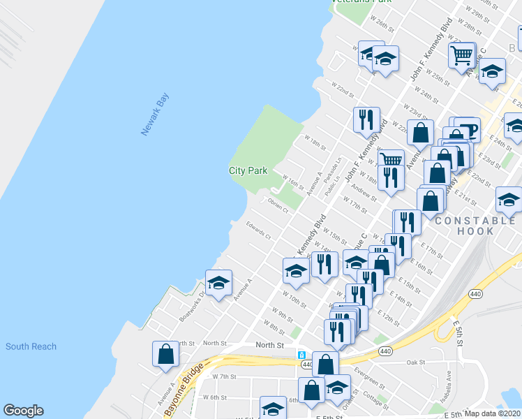 map of restaurants, bars, coffee shops, grocery stores, and more near 31 Edwards Court in Bayonne