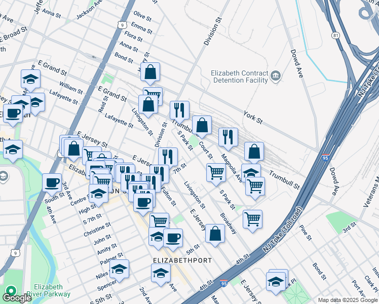 map of restaurants, bars, coffee shops, grocery stores, and more near 122 7th Street in Elizabeth
