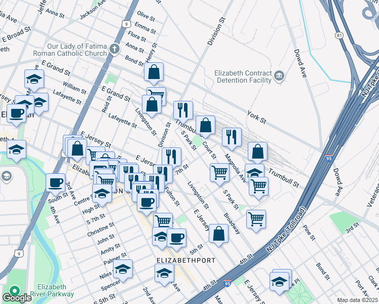map of restaurants, bars, coffee shops, grocery stores, and more near 122 7th Street in Elizabeth