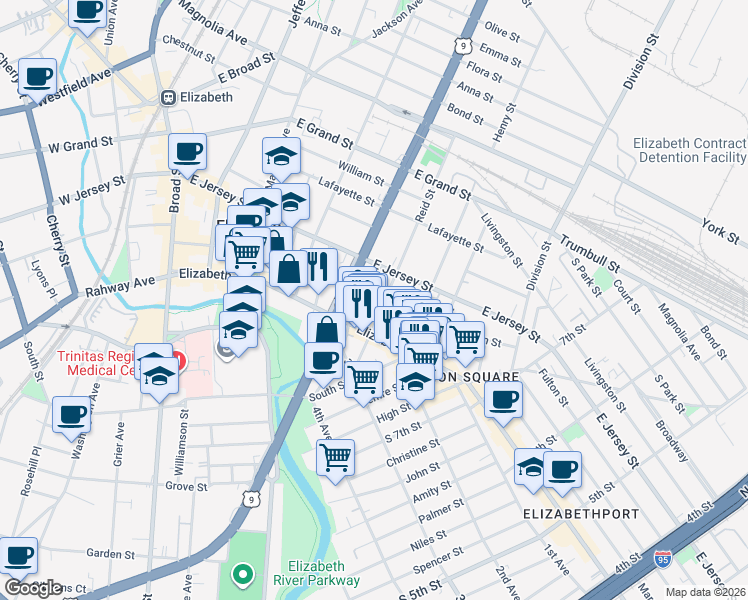 map of restaurants, bars, coffee shops, grocery stores, and more near 943 Elizabeth Avenue in Elizabeth
